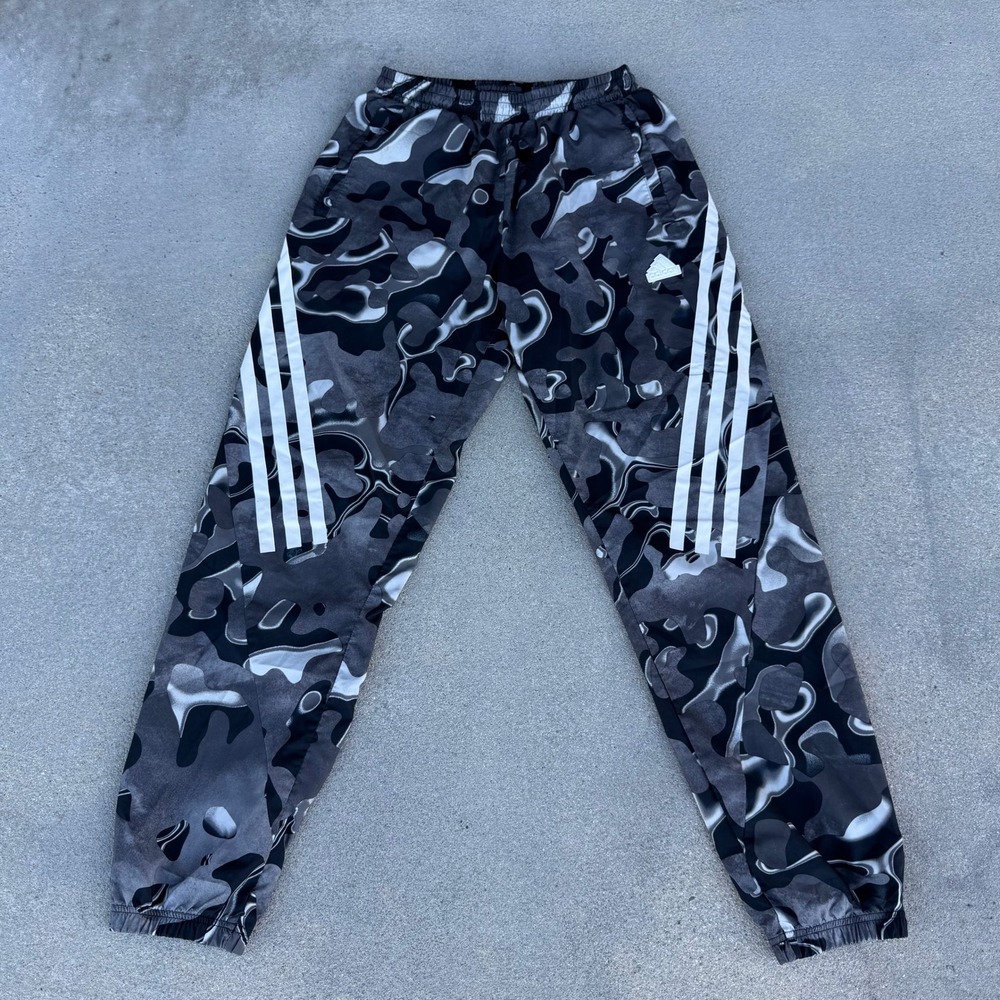Adidas Men Camo Track Pants Grey Black Three Stripe Joggers Small